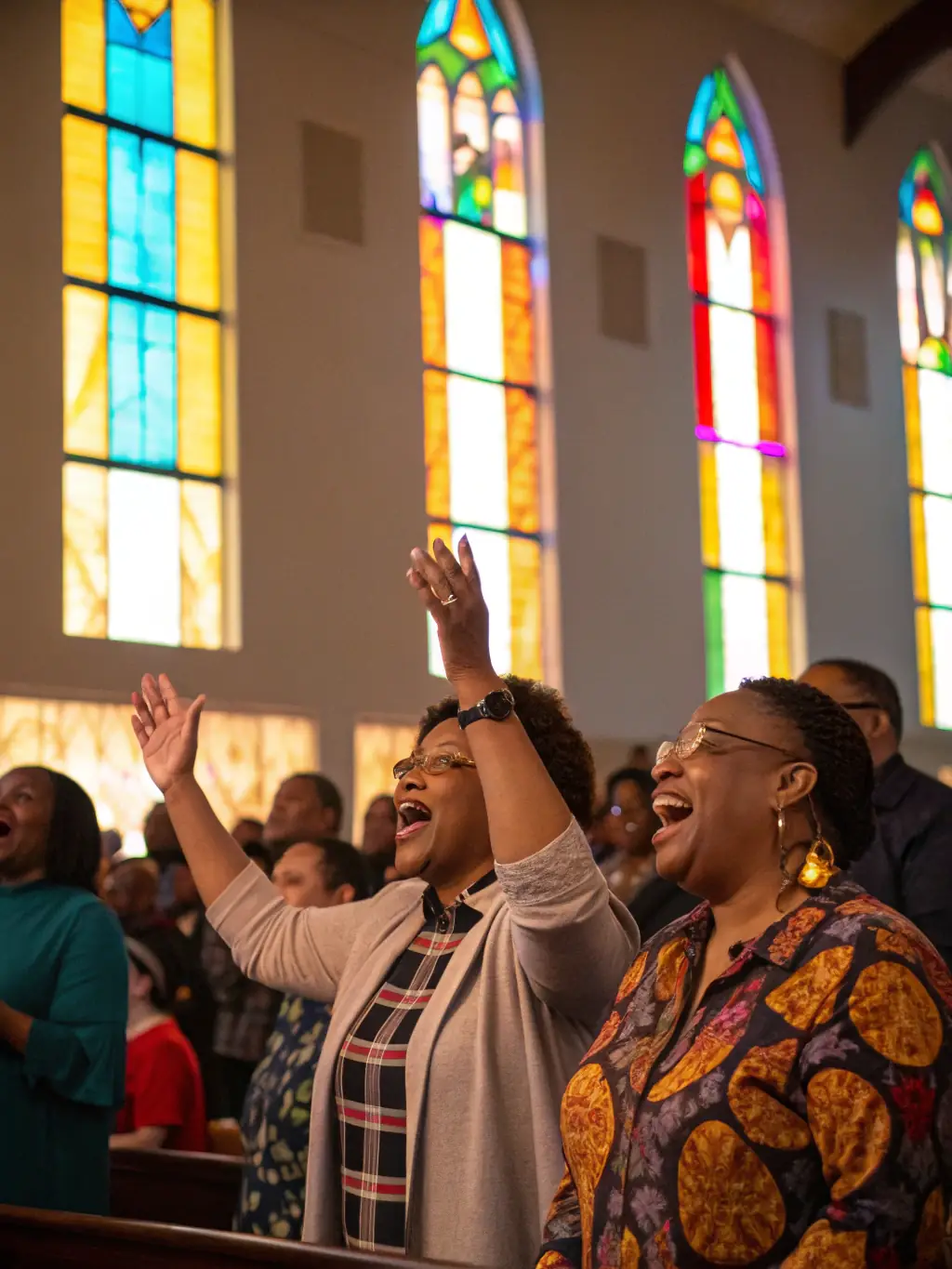 A photograph of a diverse group of people joyfully singing hymns during a Sunday morning worship service at Christ Redeemer Church, capturing the spirit of community and faith.