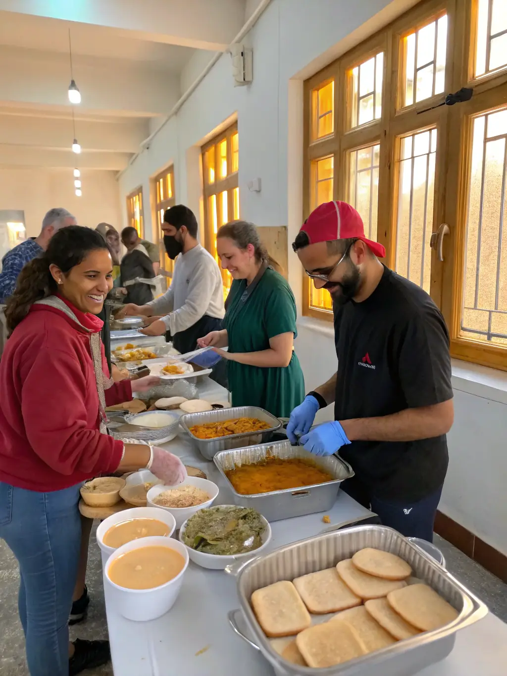 A group of church members volunteering at a local soup kitchen, serving meals to the homeless and needy.