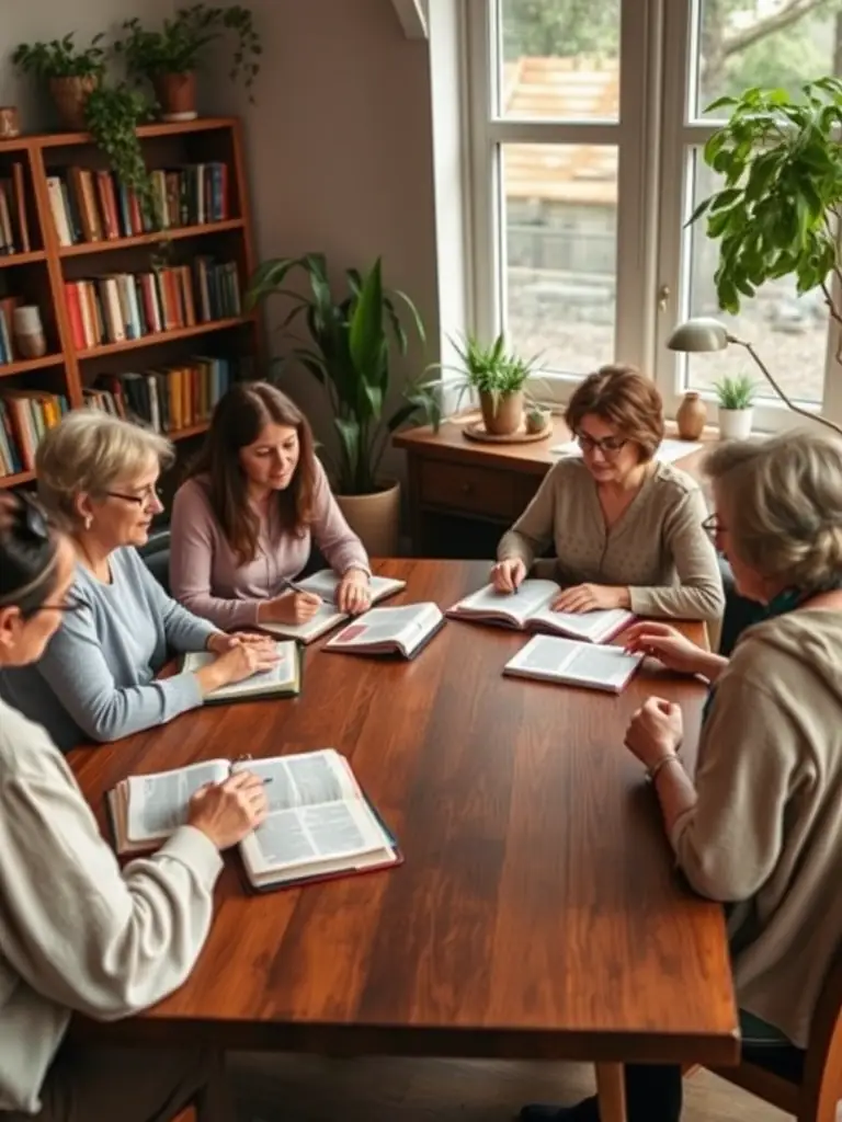 A group of women gathered for a Bible study session, discussing scripture and sharing personal experiences.