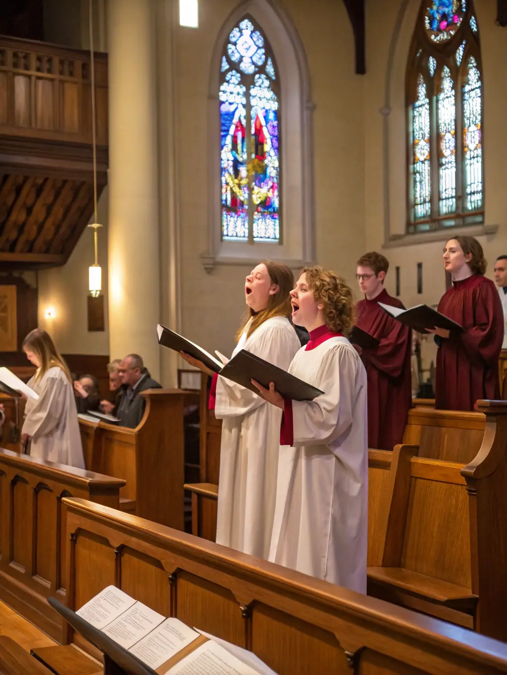 A choir group practicing in the church, preparing for a Sunday service performance.