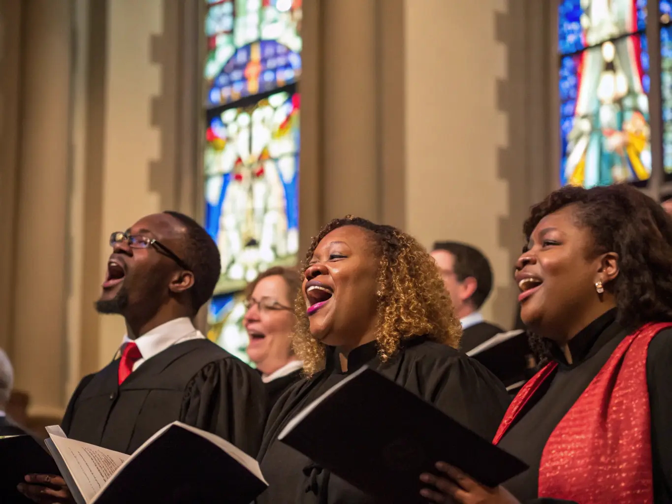A serene image of a traditional church service with robed choir members singing hymns, stained glass windows casting colorful light, and congregants reverently participating in the liturgy.