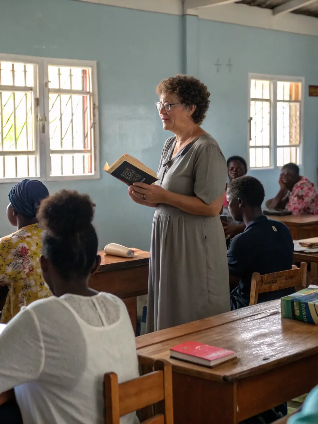 A female teacher at Christ Redeemer Church is leading a Bible study class for women, using a Bible and study materials. The women are engaged and taking notes.