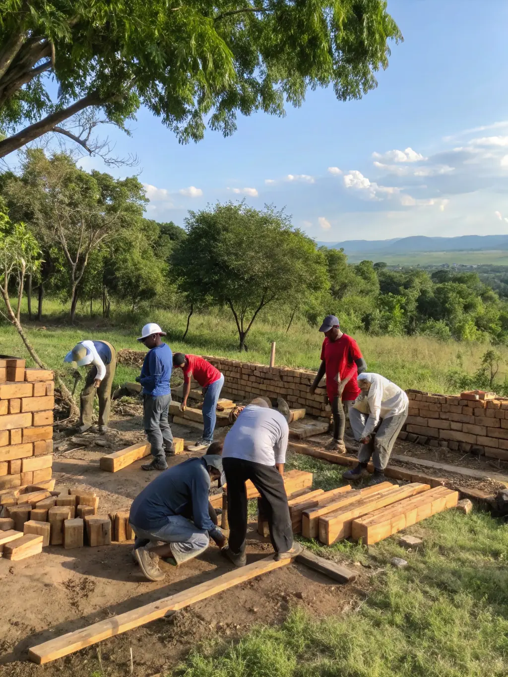 A youth group from the church participating in a mission trip, building homes in a developing country.